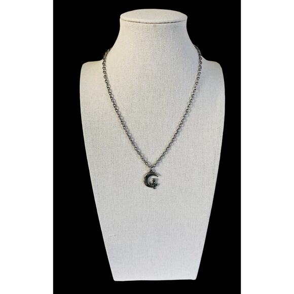 New Mystical Silver Kitty Cat Kitten on Crescent Moon Pendant Necklace - Picture 1 of 3